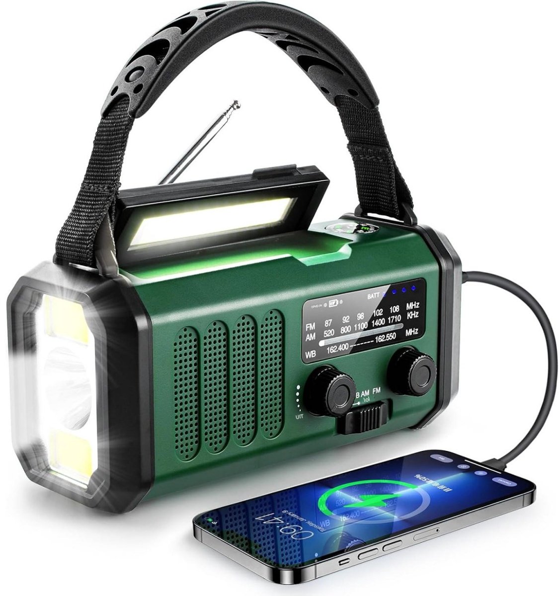 GELLDG Radio met zwengel – Ingebouwde oplaadbare accu van 10.000 mAh – Noodradio – Draagbare radio op zonne-energie/zwengel – Voorzien van AM/FM-radio, powerbank, led-campinglamp, SOS-alarm en kompas – Donkergroen