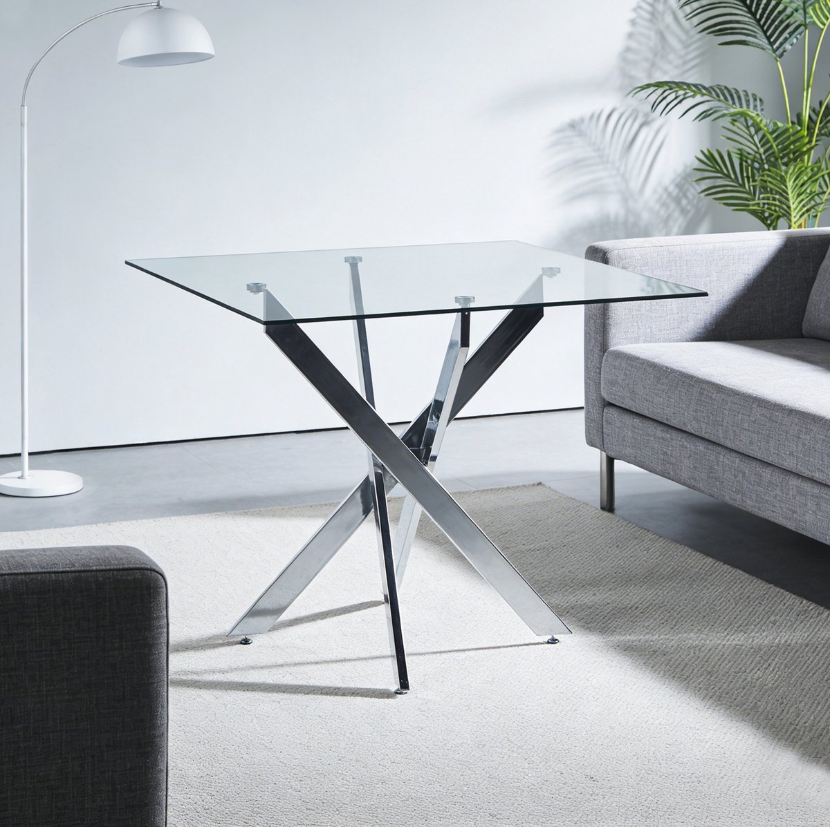 MEUNIQ Eettafel 80 x 80 x 75 cm met glazen tafelblad en metalen kruisframe, vierkant, zilverkleurig, voor keuken, eetkamer of woonkamer Silver