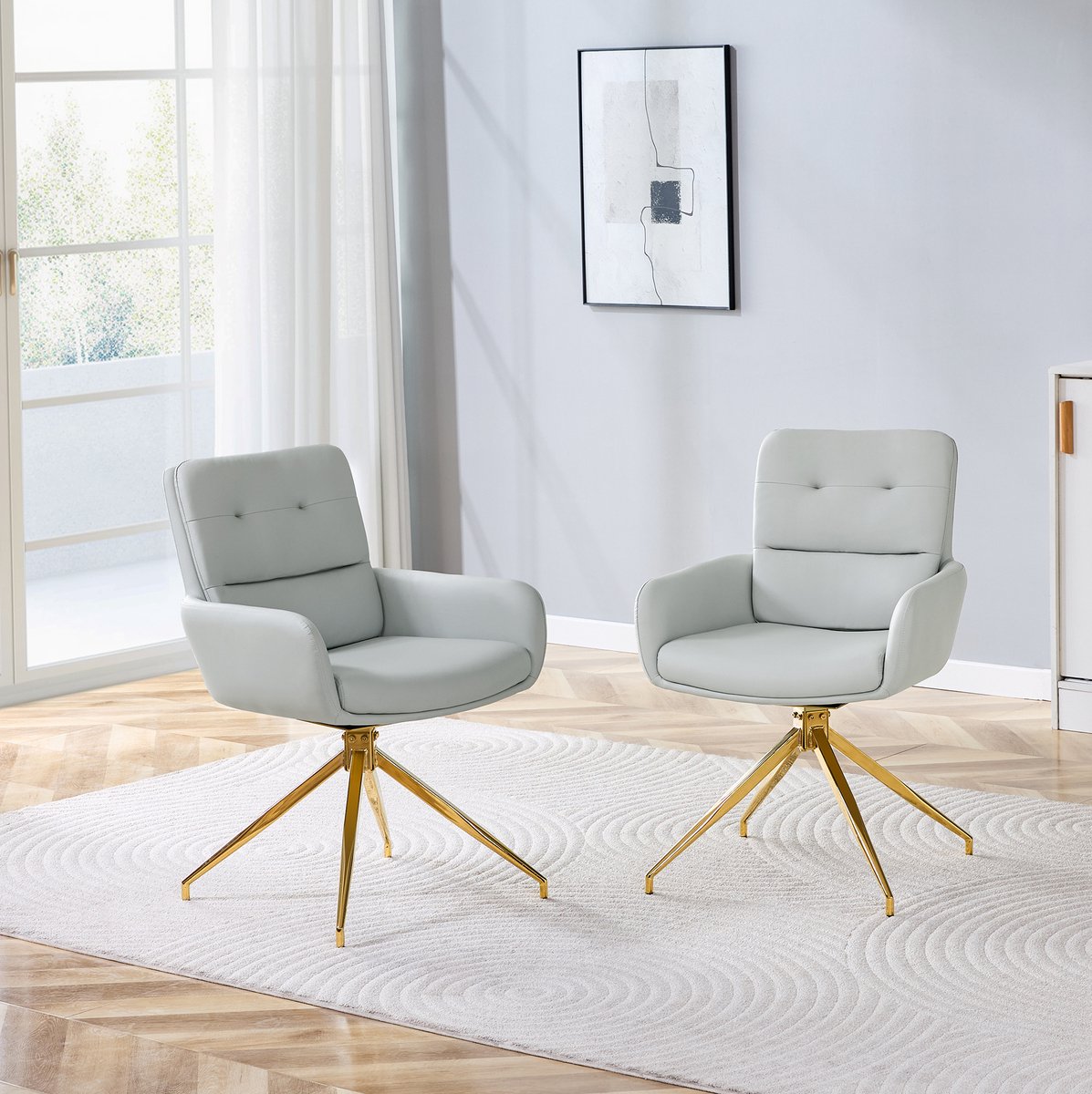MEUNIQ 2-delige draaibare eetkamerstoel set met armleuningen, warmgrijze PU-zitting, gouden metalen poten en 360° rotatie voor eetkamer en relaxruimte Warmgrijs