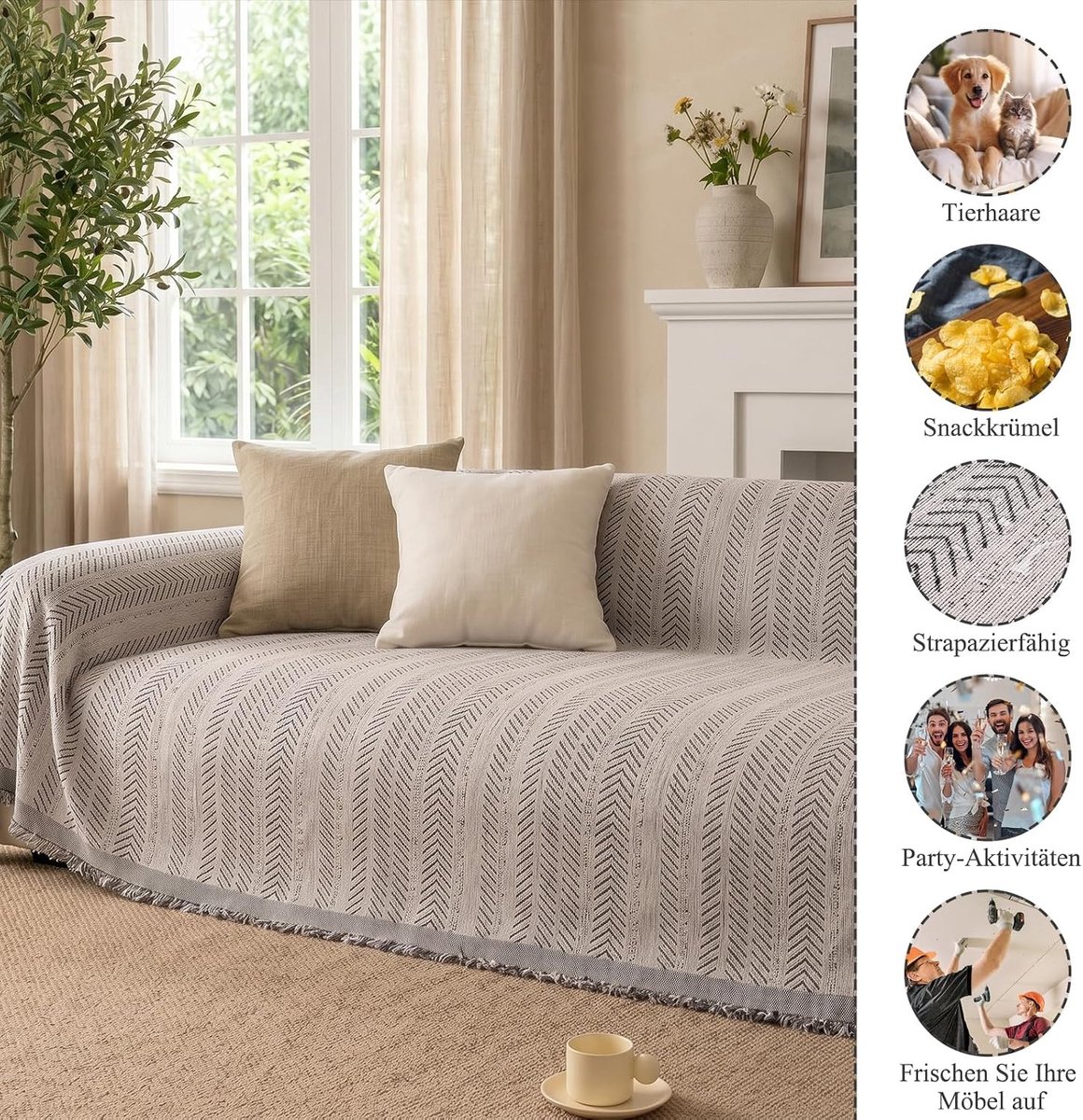 2-zits bankhoes visgraat chenille met kwastjes, waterafstotend en wasbaar, ideaal voor honden, katten en kinderen, zwart, 180 x 260 cm