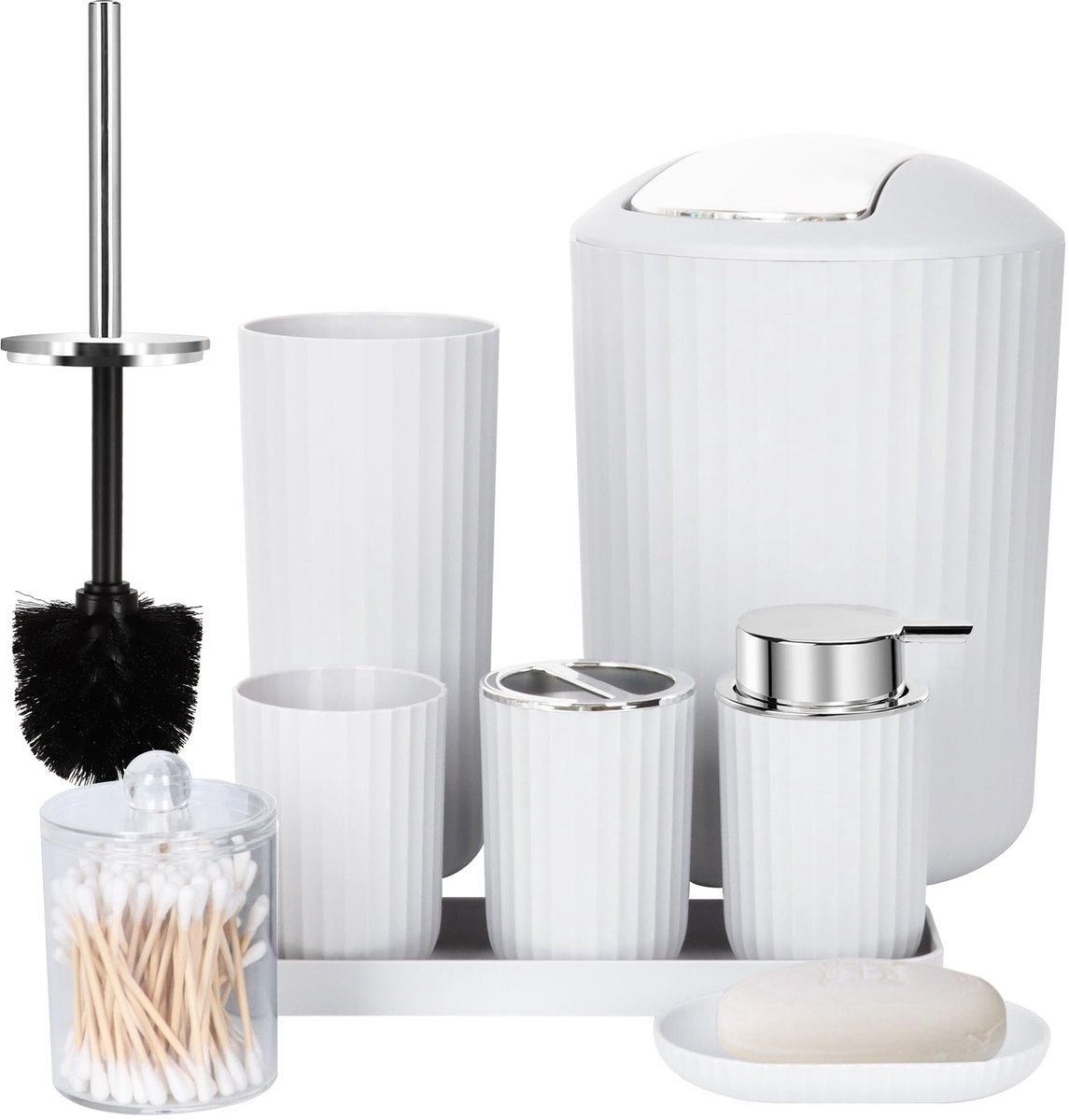 SnelShoppen - Badkameraccessoires Set Compleet 8 Stuks - Prullenbak, Zeepdispenser, Zeepschaal, Tandenborstelhouder, Tandenborstelbeker, Toiletborstel