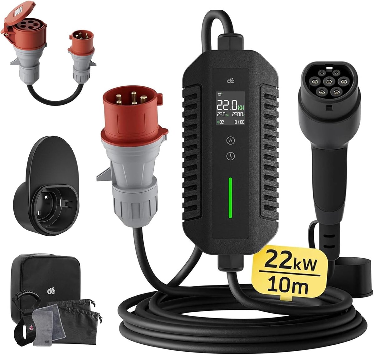 SnelShoppen - EV Charger Type 2 22kW Mobiele Wallbox [10m, 3-fase, 6-32A] - Verstelbare Oplaadcapaciteit voor Thuis en Onderweg