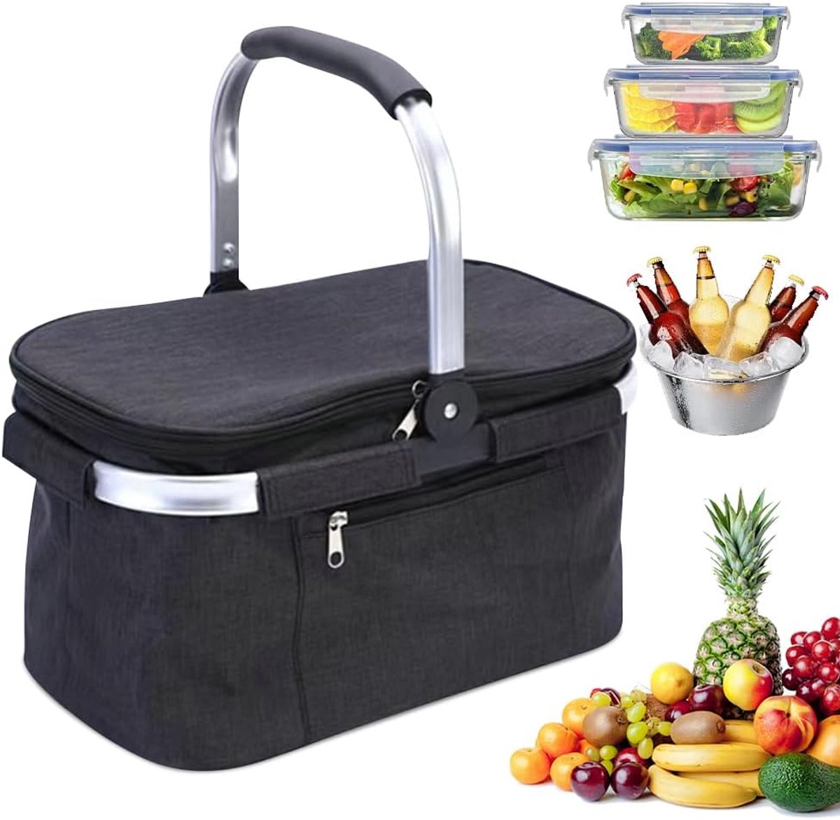 Thijox - Boodschappenmand Koeltas Opvouwbaar 32L, Licht Inklapbaar Koelmand met Handvat, Ideaal voor Picknick, Camping, Reizen, Winkelen, Zwart
