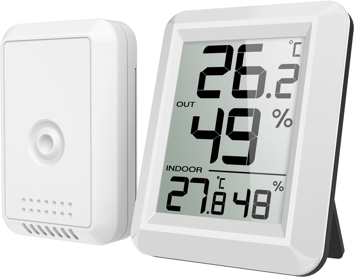 SnelShoppen - Brifit Thermometer en Hygrometer voor Binnen en Buiten, Groot LCD-Display, Buitensensor, °C/°F Schakelaar, Ideale Kamerthermometer voor