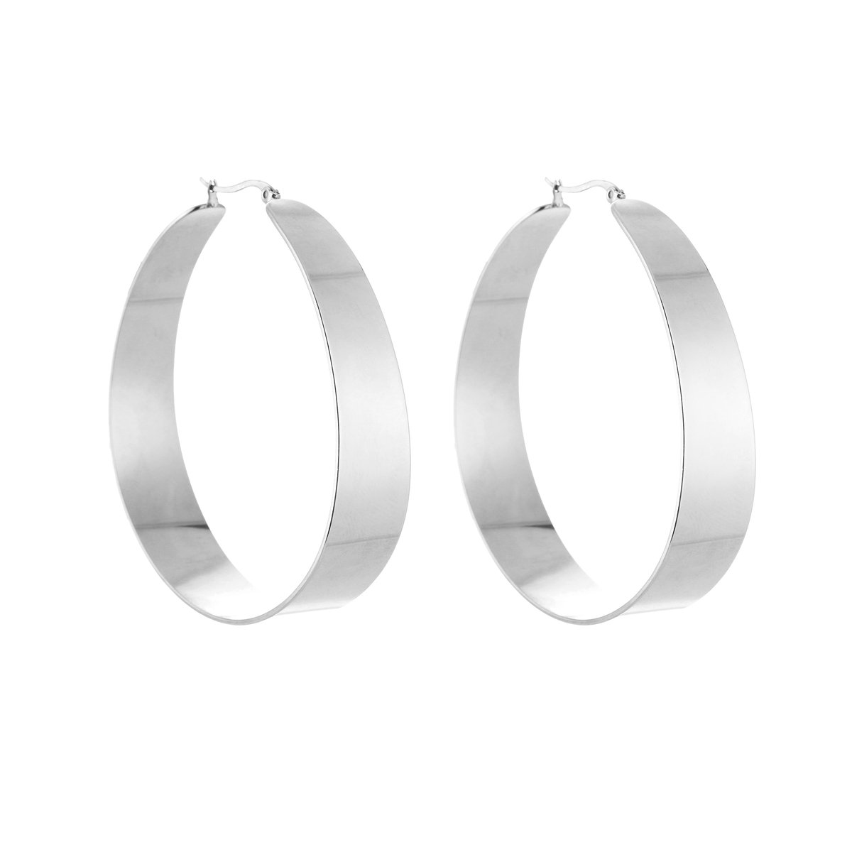 Stainless Steel Wide Flat Band XL Hoops – Luxe Plat Buis Oorringen – RVS - Zilver
