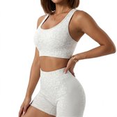 Lichtgrijs dames sportset fitnesskleding naadloos met hoge taille sport shorts en sport bh met kruisband rug luipaard patroon yoga fitness hardlopen set maat M