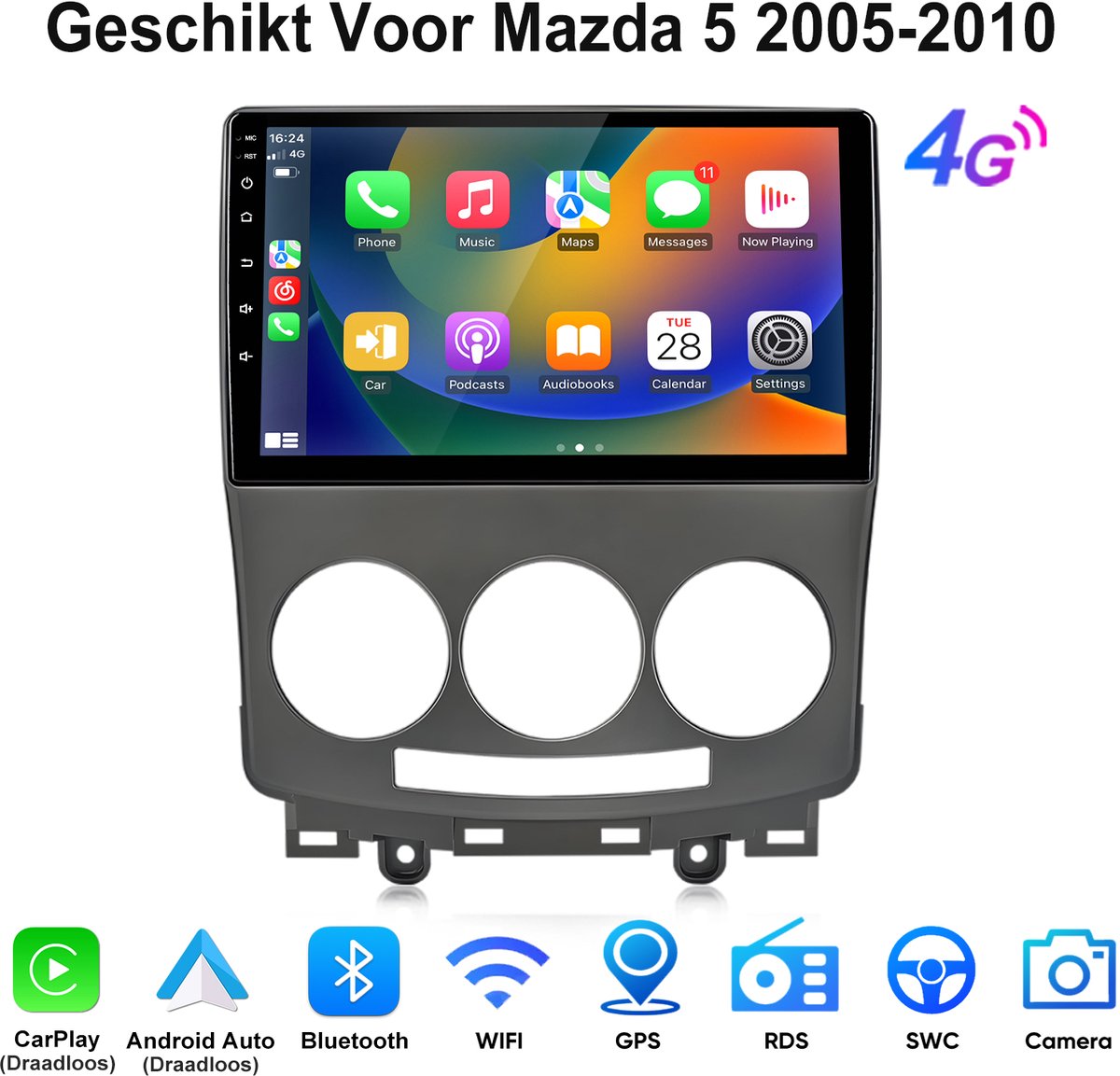 Junsun Android 15 Autoradio met Bluetooth Geschikt Voor Mazda 5 2005-2010 - 6+128GB - Draadloze CarPlay & Andriod Auto - GPS-navigatiesysteem - 9 Inch IPS TouchScreen - Stuurwielbediening - WiFi & 4G - DSP - FM