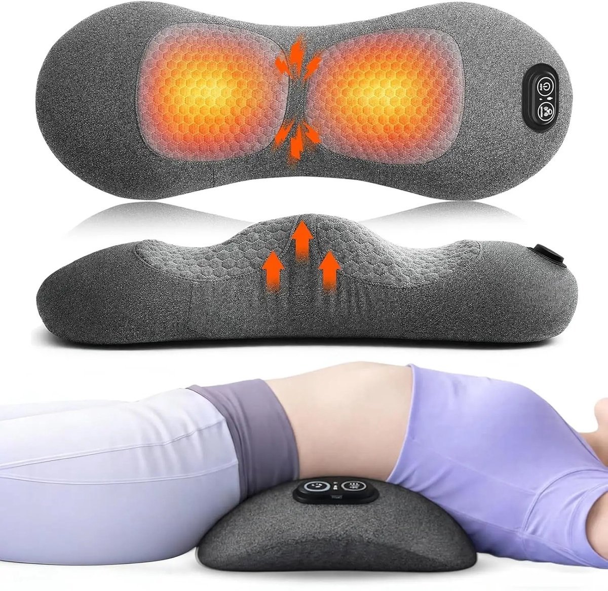 Rugmassageapparaat met warmte, vibratie en tractie voor verlichting van ischiaspijn – elektrisch 3-in-1 lendensteunkussen voor lage rugpijn (geschikt voor bed, stoel en bank)