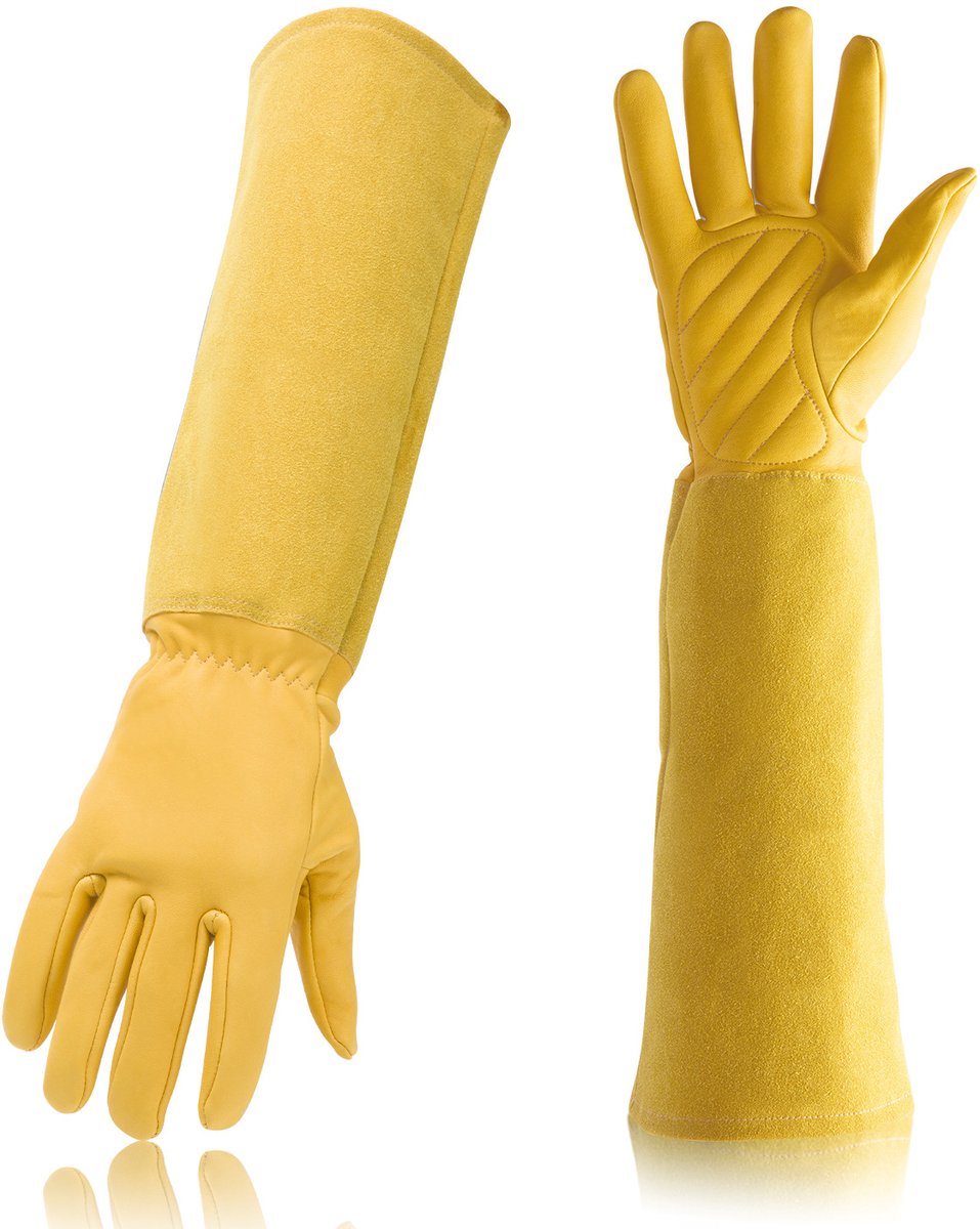 Lange Tuinhandschoenen voor Vrouwen - Doornwerend voor Rozen Snoeien - Schapenvacht Leer Met Prikbestendige Constructie - Verlengde Mouw Ter Bescherming van Onderarm - Flexibel en Comfortabel voor Tuinonderhoud - Geel