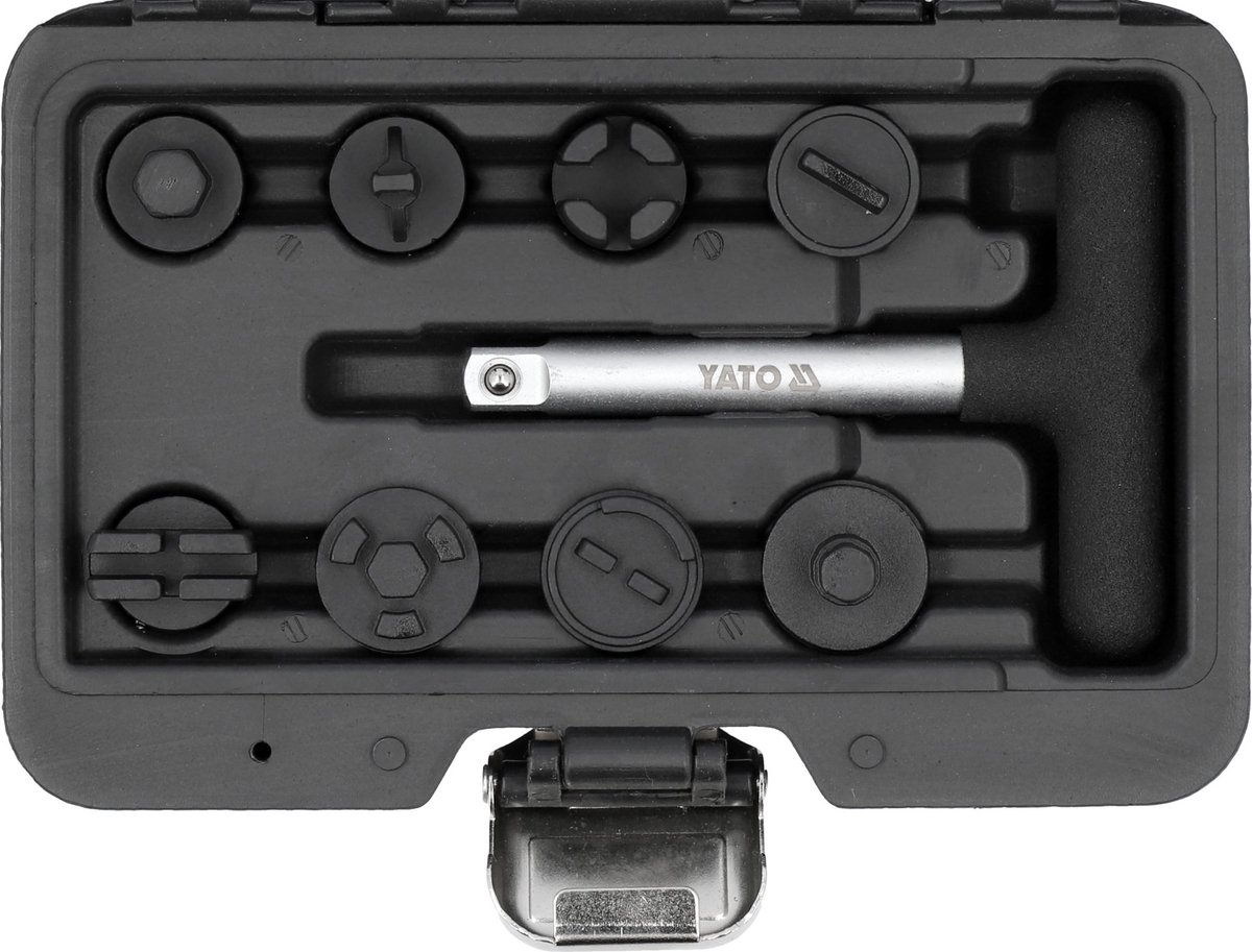 YATO Professionele Kunststof Olieaftapplug Sleutel Set – 10-Delig – Voor VAG, BMW, Mercedes, Ford, Dodge & Lincoln – Met T-Grip & 8 Bitdoppen – 3/8" CrV Staal – Inclusief Koffer