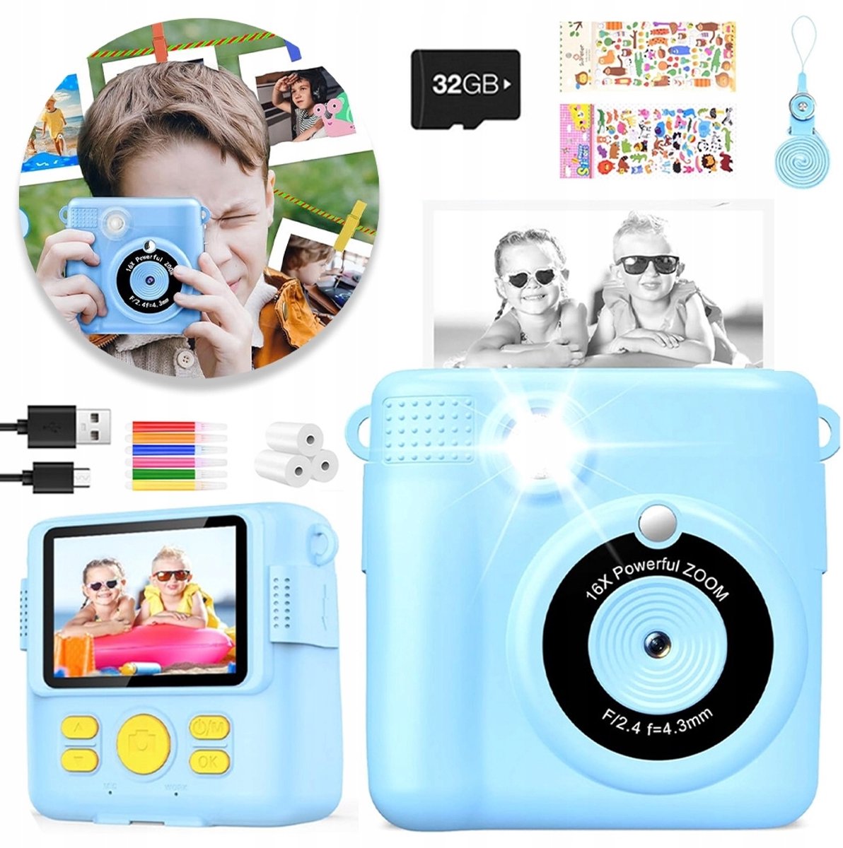 Kindercamera Met Instant Printfunctie 32 GB Geheugenkaart En 2,4 Inch IPS-Scherm - Thermische Zwart-Witprint 6 Gekleurde Pennen Beschermhoes - Perfect Verjaardagscadeau - Blauw