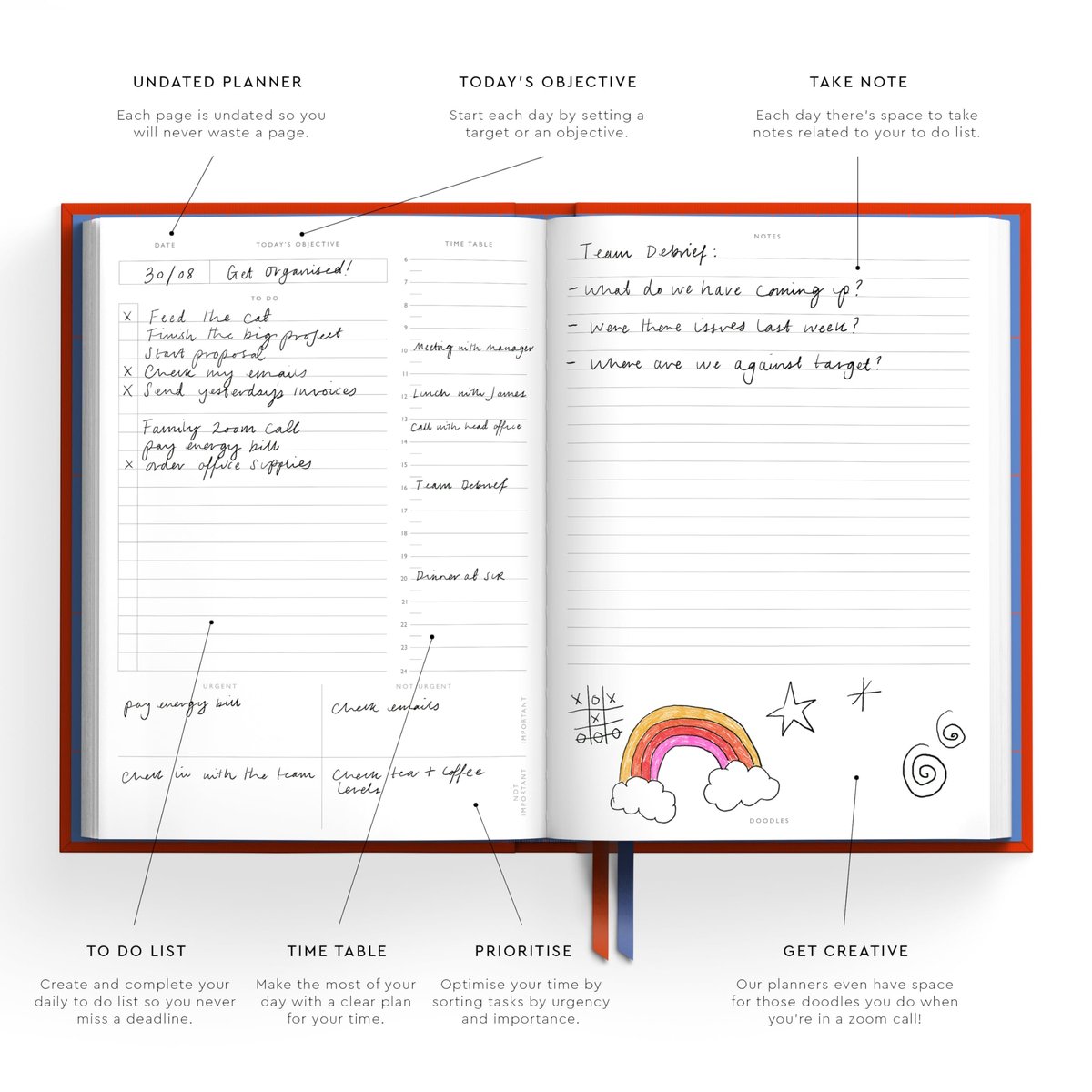 SnelShoppen - Ongedateerde Dagelijkse Planner Notebook A5 | Te Doen Lijsten, Uurplanning, Notitiepagina's, Oranje Kleur voor Efficiënte Organisatie