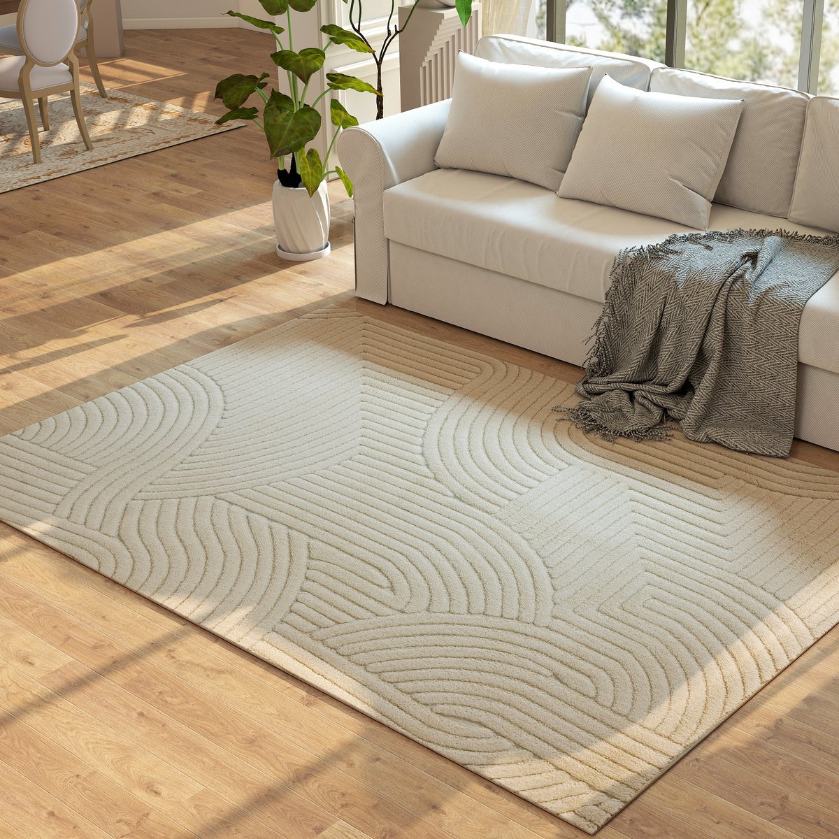 ECTEATOY® Vloerkleed - Hoogpolig Tapijt - Geometrisch Jacquard Woonkamerkleed - Antislip - Zacht - 230 x 160 cm - Crème