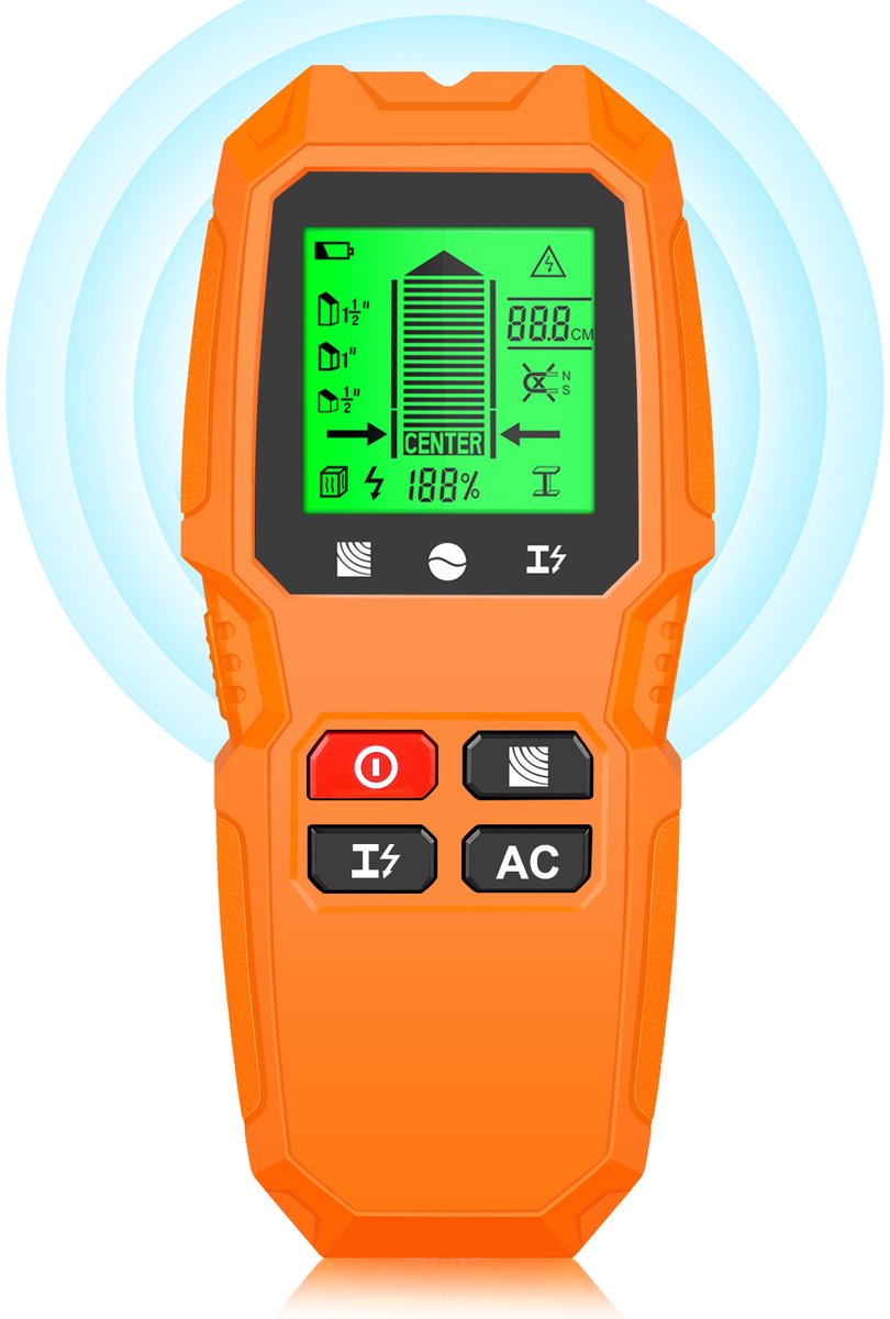 Muurzoeker en Scanner 5-in-1 - Elektrische Draaddetector - Hoge Nauwkeurigheid, LCD-scherm voor houten en metalen steunen in muren - Oranje
