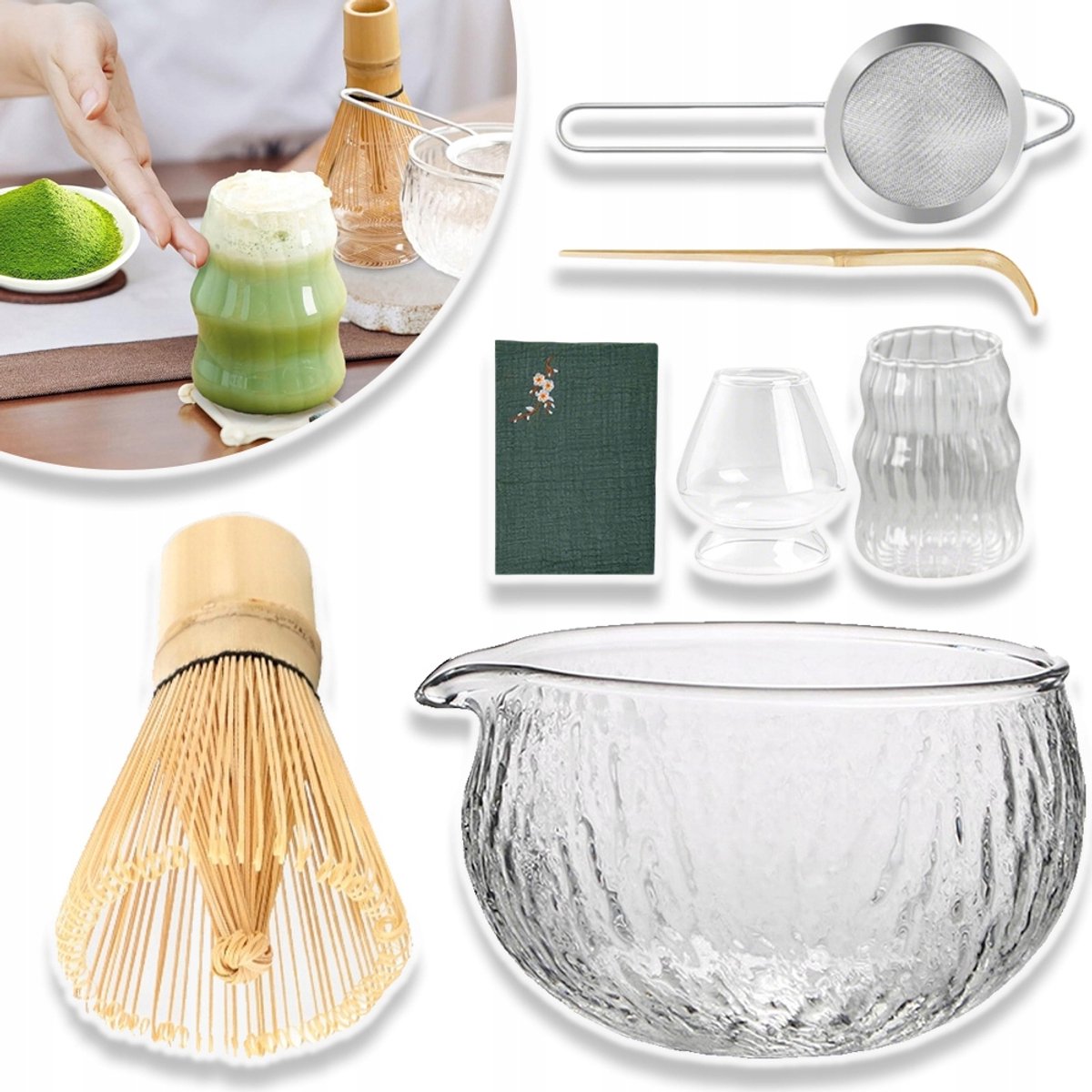 Bamboe Matcha Klopper Set Met Glazen Kom & Accessoires - 500ml Alles-in-één Set - Geniet Van Zachte Schuimige Matcha En Een Meditatieve Theebeleving