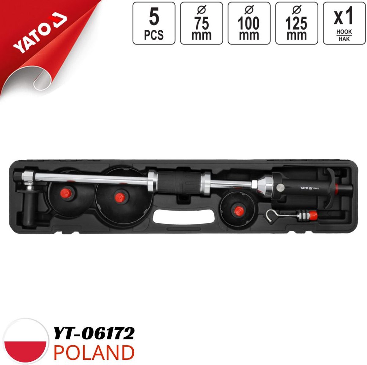 YATO Professionele Pneumatische Slagtrekker met Vacuümnap Set – Lakvrij Uitdeuken (PDR) – 730 mm – Met Vacuūmindicator – 3 Zuignappen (Ø75, 100, 125 mm) & Haak – Inclusief Koffer