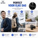 Zwarte Evy24 tracker aan tas, koffer en sleutels, voor werk, reizen en thuis. Mannen en vrouwen.