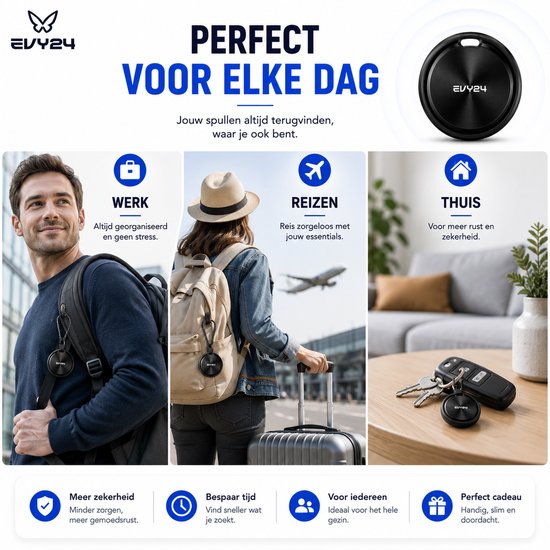 Zwarte Evy24 tracker aan tas, koffer en sleutels, voor werk, reizen en thuis. Mannen en vrouwen.
