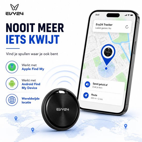 Zwarte Evy24 tracker naast een smartphone met kaartweergave, met icons voor Apple & Android.