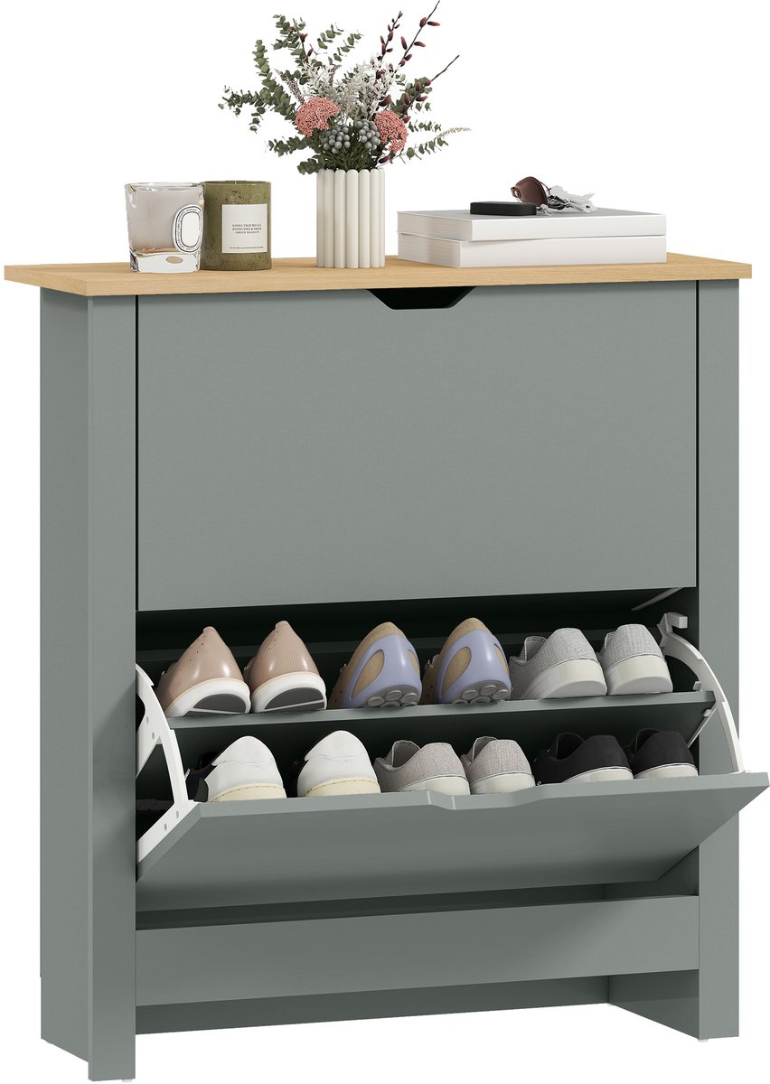 HOMCOM Neerklapbare schoenenkast-Spaanplaat-72L x 26B x 80H cm-Lichtgrijs
