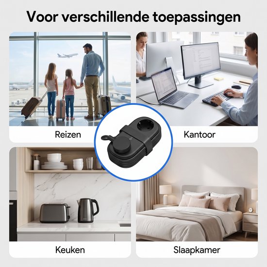 Zwarte compacte reisstekkerdoos voor reizen, kantoor, keuken en slaapkamer. Afmetingen 13,5 x 6,4 x 4 cm.