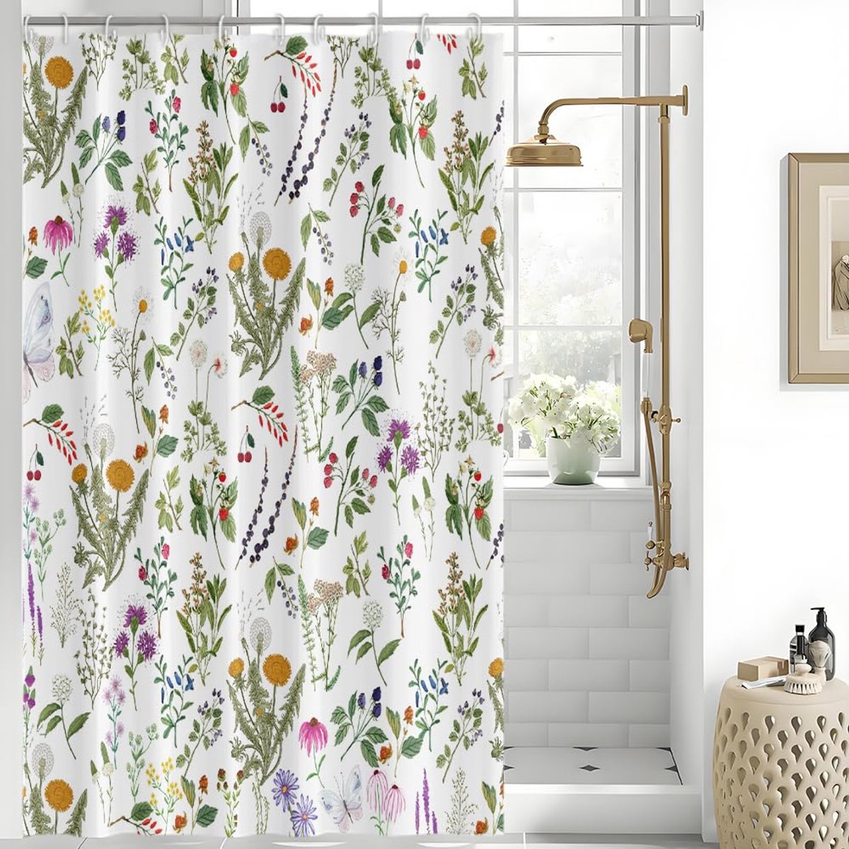 SnelShoppen - Vintage Douchegordijn Bloemen Groen Bladerenmotief 150 x 180 cm - Anti-Schimmel Waterdicht Polyester - Wasbaar Ondoorzichtig Badgordijn