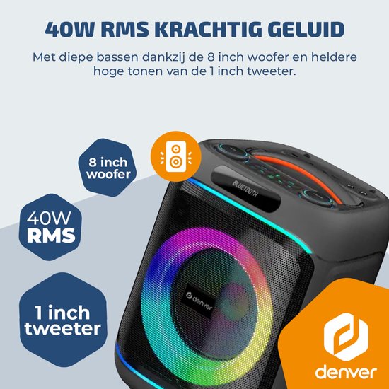 Denver Bluetooth Speaker Party box - Discolichten - Partyspeaker incl. draadloze microfoon & afstandsbediening - Luidspreker - 8" woofer - BPS270 van Denver — afbeelding 5