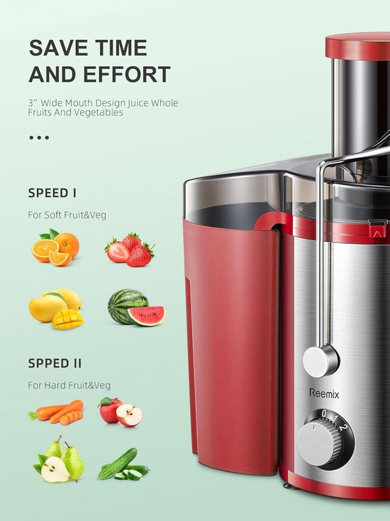 SnelShoppen - Sapcentrifuge voor Groenten en Fruit, 800W, 72 mm Vulopening, BPA-vrij, Rood, Makkelijk te Reinigen, Ideaal voor Keuken en Gezonde Snack van Snelshoppen — afbeelding 2