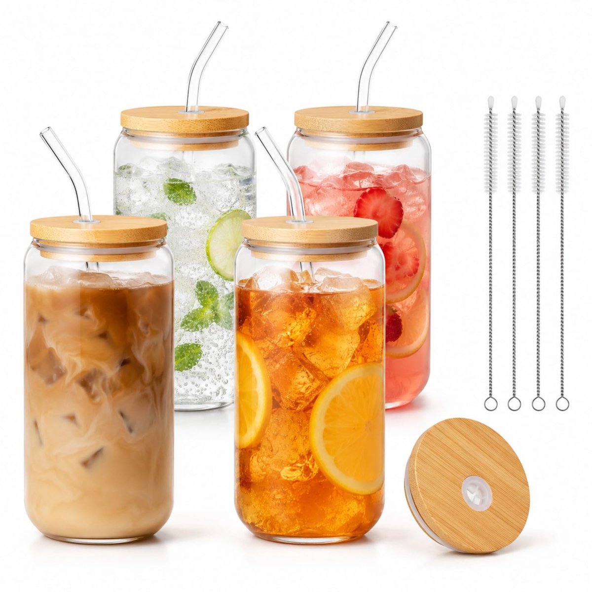 Latte Macchiato Drinkglazen Set van 4 - Met Bamboe Deksels & Rietjes - 500mL - Drinkglazen - Theeglazen - Waterglazen - Glazen - incl. Herbruikbare rietjes en schoonmaakborstel