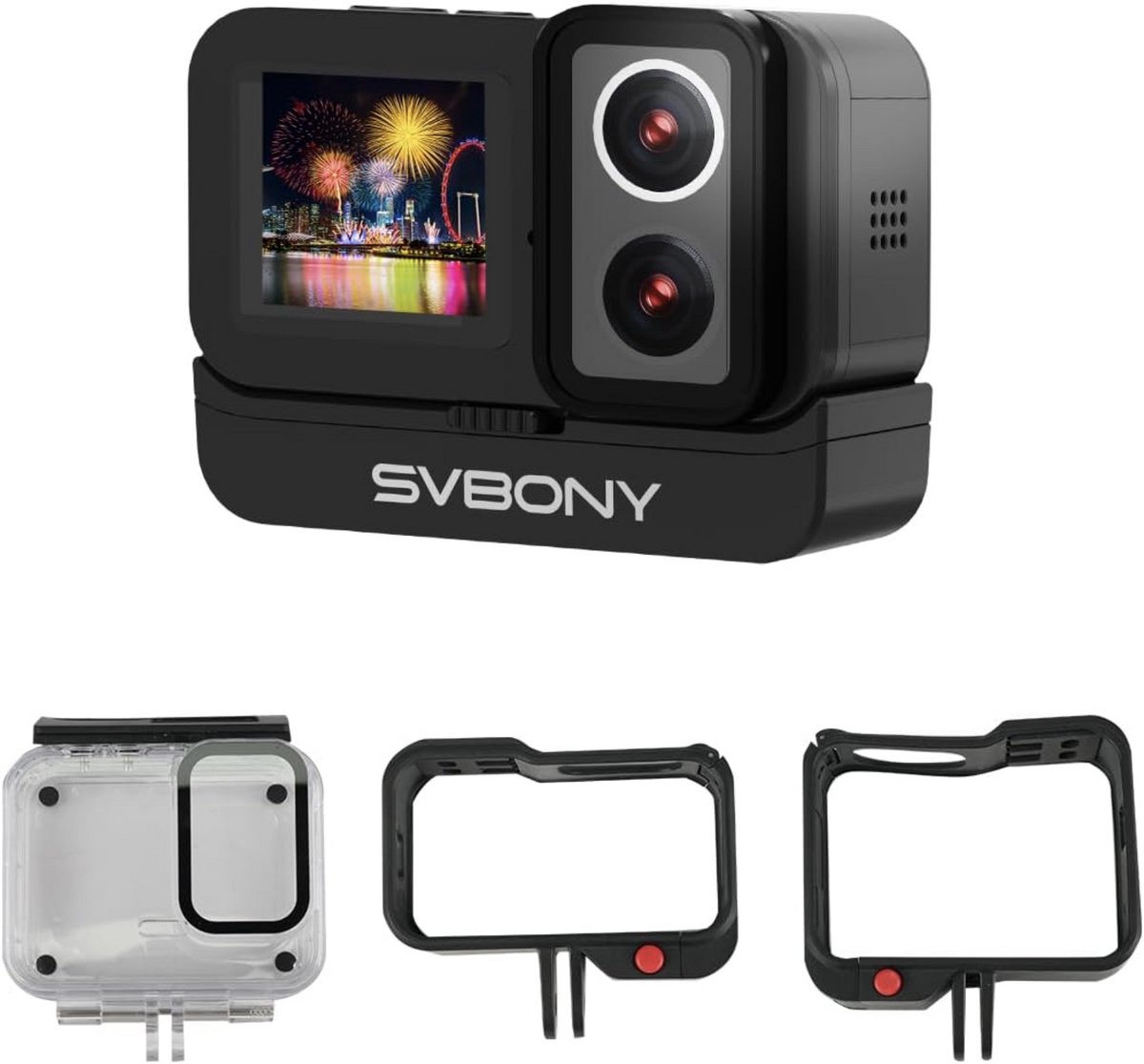 SVBONY SVGo 4K Action Camera – Dual Screen – IPX8 Waterdicht tot 30 m – 6-assige EIS – 4K/30fps – 145° Groothoek – Zwart