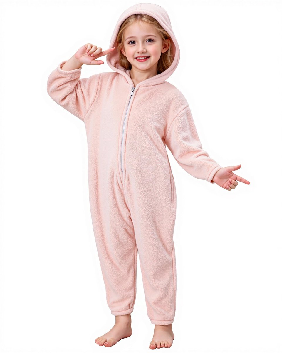 SnelShoppen - KAKU NANU Kinderromper Uniseks Fleece Jumpsuit met Capuchon, Zachte Pluizige Warme Romper voor Kinderen 3-12 Jaar, Ritssluiting en Zakke