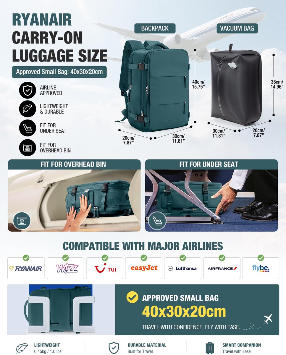 SnelShoppen - Vacuüm Rugzak Reistas Met Pomp 40x30x20 Waterdichte Laptoptas Onderstoel Carry-ons Tas Voor Ryanair Wizzair Easyjet Vueling Handbagage R