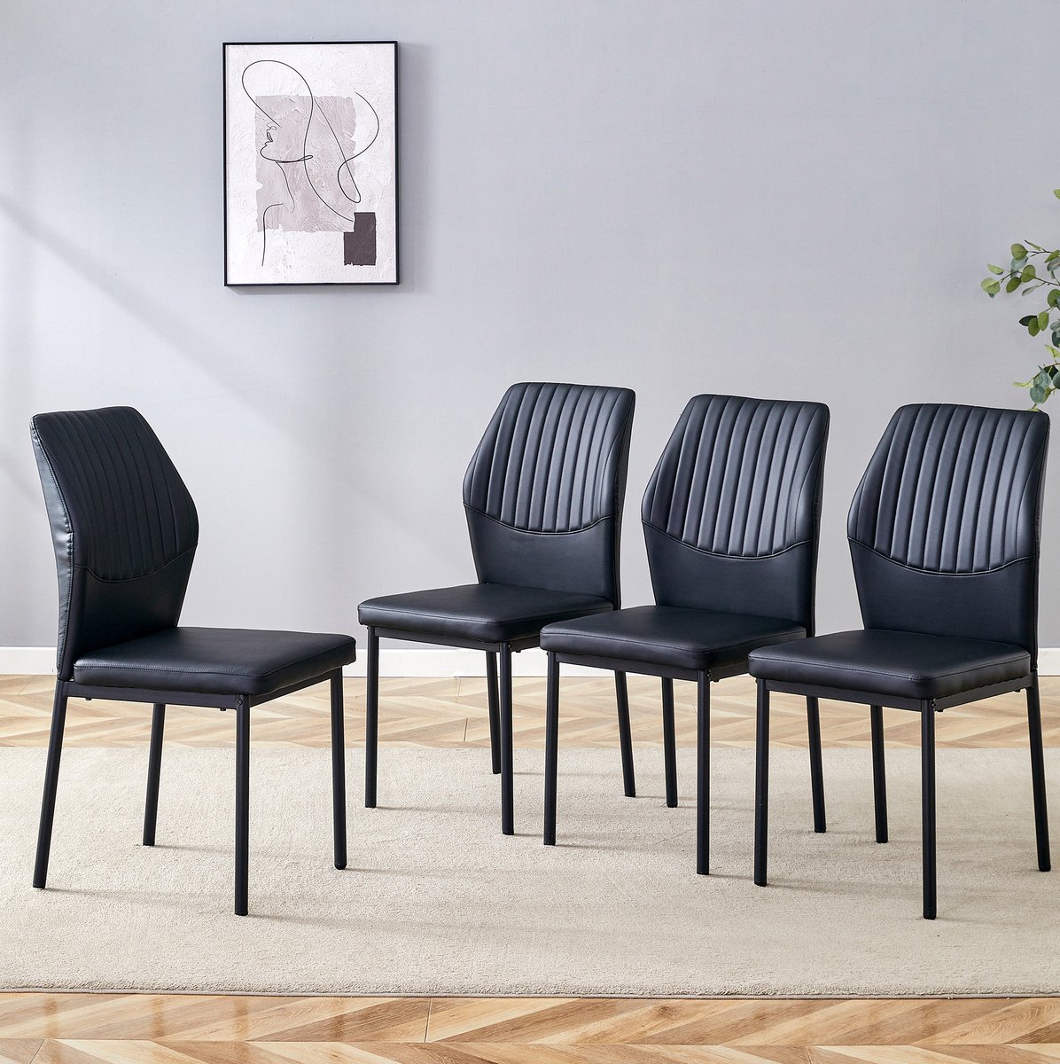 MEUNIQ 4-delige zwarte eetkamerstoelen set met gestreepte rugleuning, 5 cm gepolsterde zitting, metalen onderstel, voor eetkamer en woonkamer