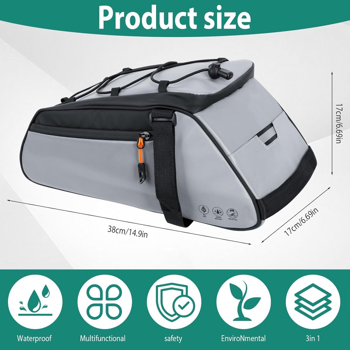 SnelShoppen - Waterdichte Fietstas 3-in-1 voor Bagagedrager, 10L, Reflecterend, Multifunctionele Tas met Regenbescherming, Zilver voor Fietsen, Campin