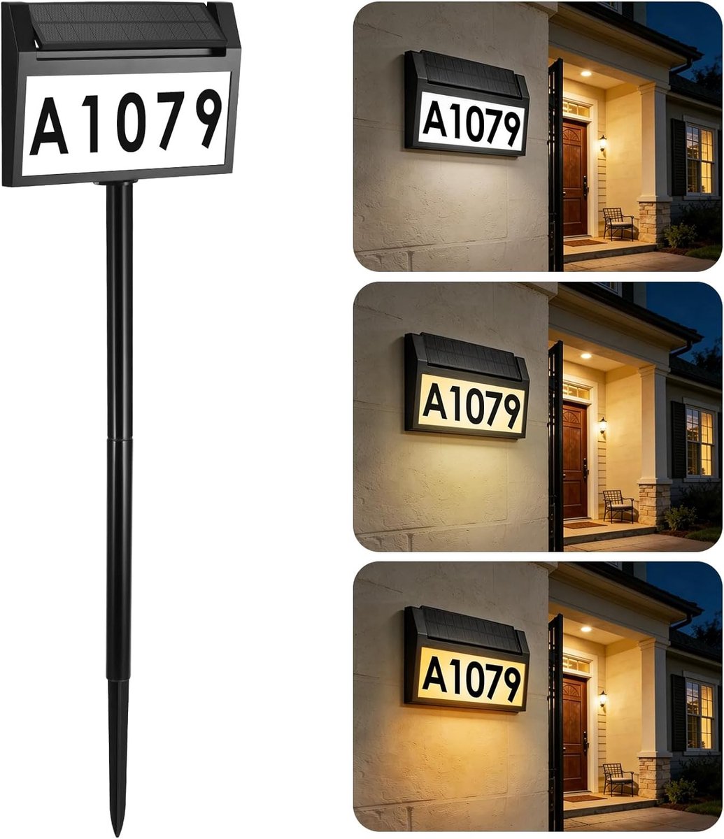 Verlichte huisnummers met 3 lichtstanden, IP65 waterdicht, voor wand- of paalmontage, cijfers 0-9 en letters A-Z