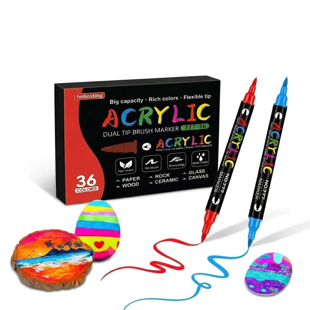 SnelShoppen - Set van 36 Kleuren Acrylstiften - Waterbestendige Fijne Tip Markers - 1-6 mm Dubbele Tip Acrylmarker voor Kunst, Knutselen, Scrapbooking