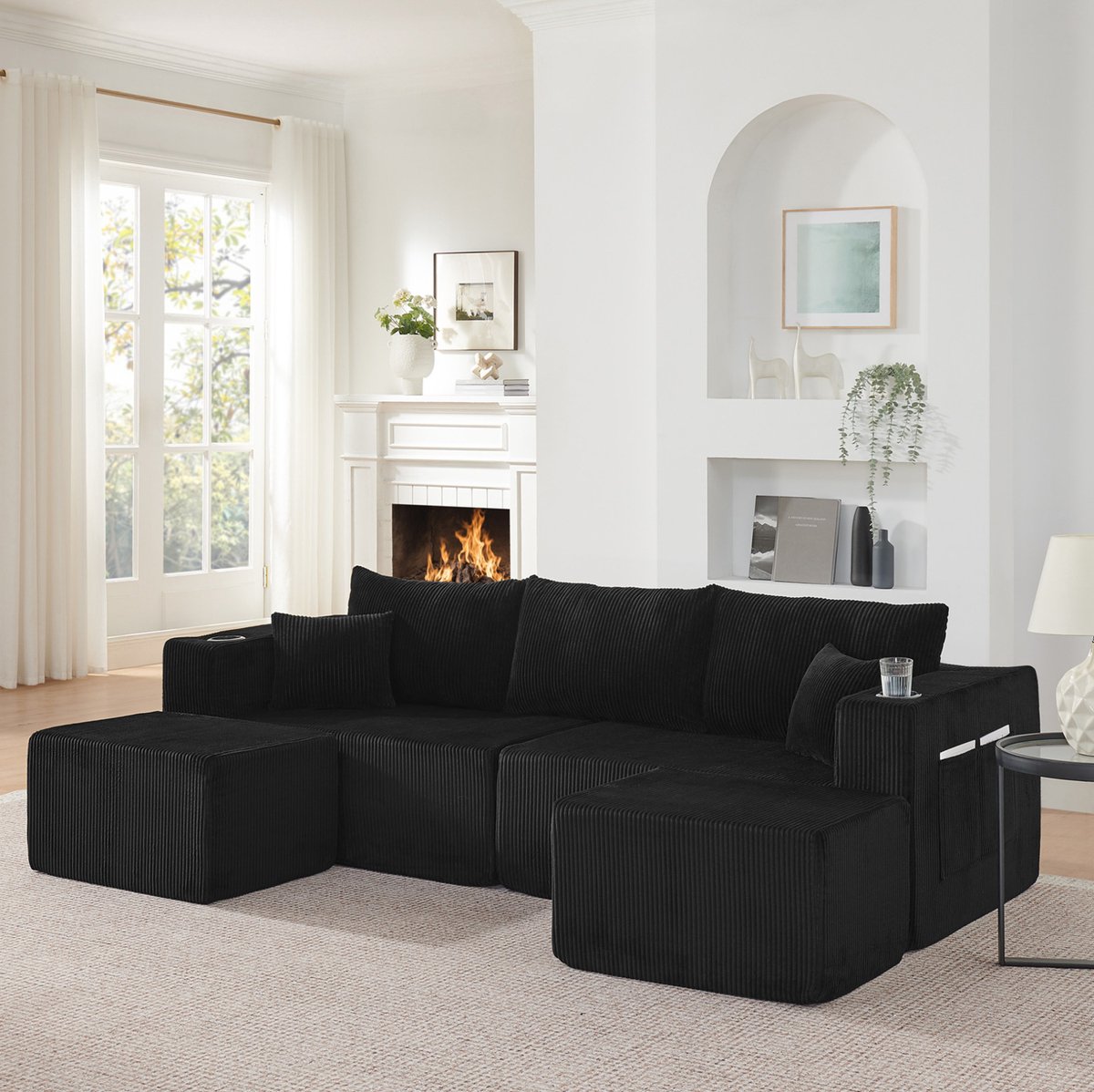 OKWISH Hoekbank 230 x 138 cm - 3-Zits Modulaire L-Vorm Met Verplaatsbare Ottomans - Met Bekerhouders, Zijvakken En Kussens - Voor Woonkamer Of Appartement - Cordstof - Zwart