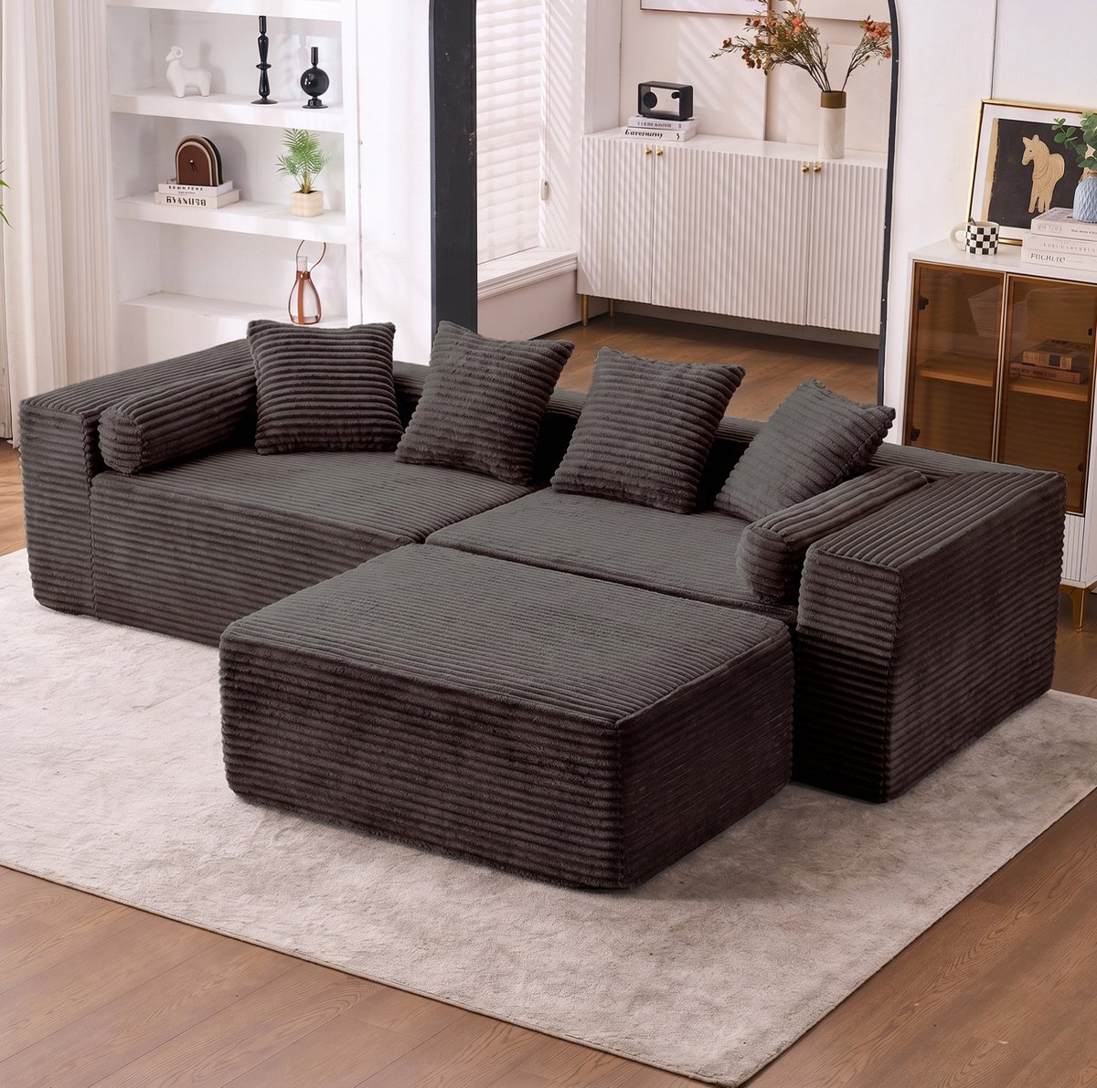 OKWISH Hoekbank – 3-Zits Modulaire Bank met Chaise Longue – Zonder Montage en Flexibel Op Te Stellen – Voor Woonkamer of Slaapkamer – Chenille – Zwart