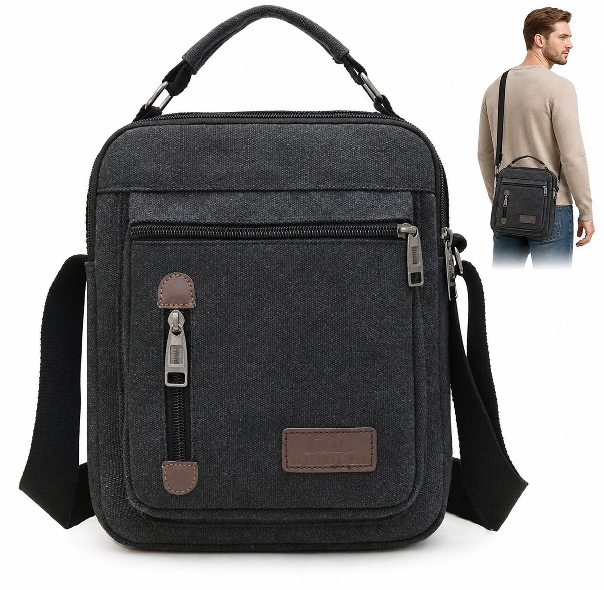 VHV - Schoudertas Heren - Canvas Crossbody Tas 21 x 6 x 27 cm - Zwarte Werktas met Meerdere Vakken voor Reizen