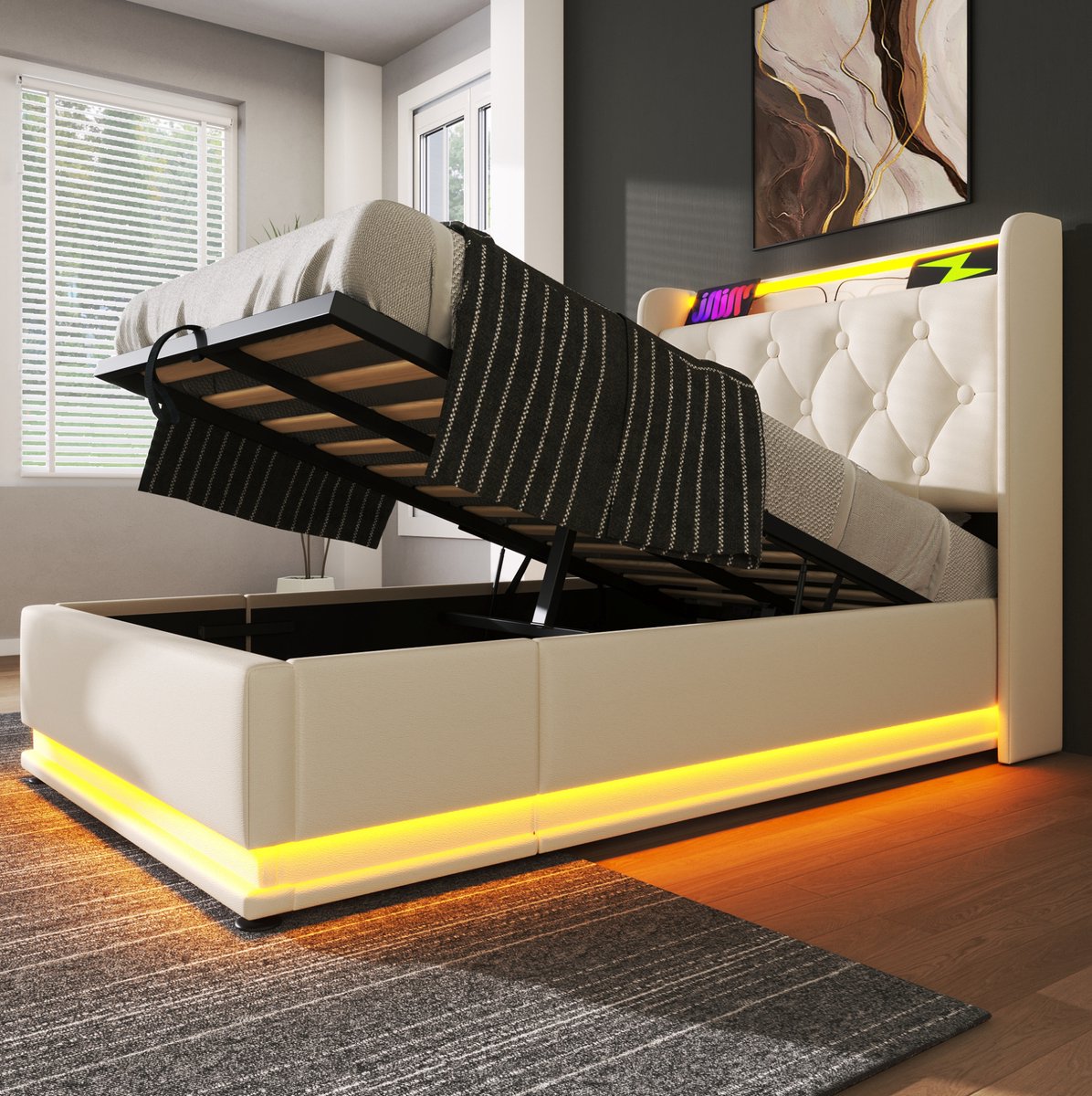 COVREO Bedframe 90x200 cm - wit PU, LED, opbergruimte, zonder matras