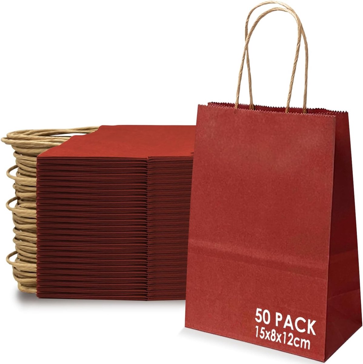 Papieren zakken met handvat, 50 stuks, ideaal voor cadeauverpakking, kraftpapier, stevige kwaliteit, 21 x 8 x 15 cm