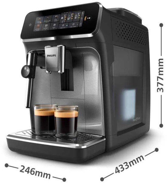 Zwarte Philips volautomatische espressomachine met zilverkleurige details en een touch screen, met afmetingen.