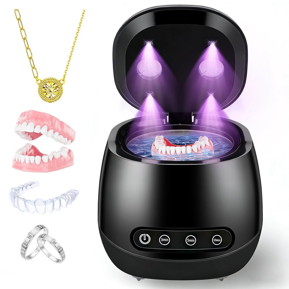 Ultrasone Reiniger Zwart - 45 kHz Tandreiniger voor Kunstgebitten, Beugels, Aligners & Sportbitjes - UV-Sterilisatie & Diepe Reiniging - 3 Standen voor Tandenborstels, Sieraden, Ringen & Meer- Draagbare Gebitsprothese Reiniger- Eenvoudig te Gebruiken