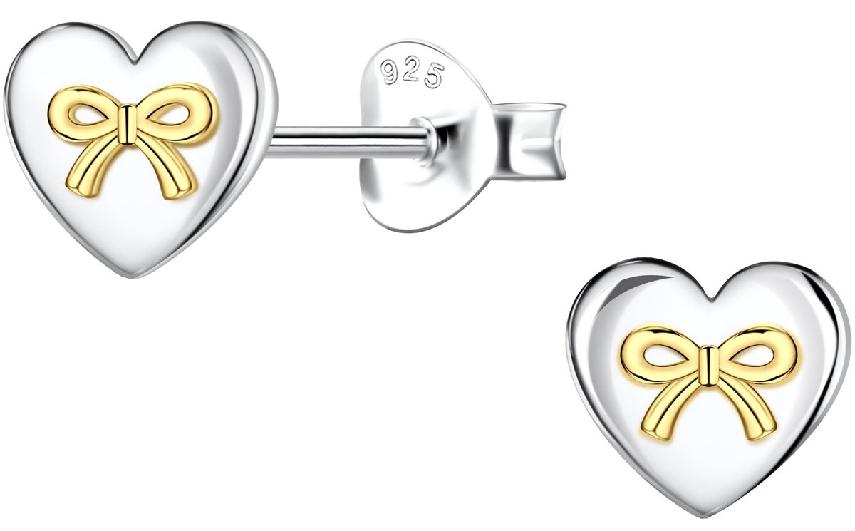 Joy|S - Zilveren hartje oorbellen - 7 x 6 mm - met goldplated strikje - massief - sterling zilver 925 icm gold plated - hartjes oorknoppen met strikjes