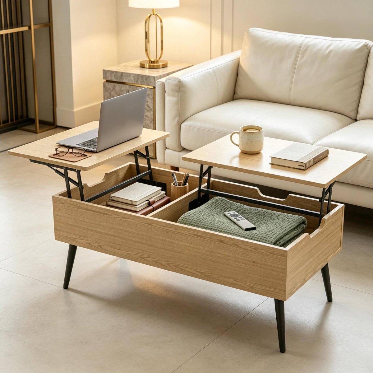 OKWISH Salontafel - Verstelbaar Tafelblad Met Opbergvakken - Voor Woonkamer, Lezen En Werken - Metaal En Spaanplaat - 100 x 50 x 43,6 cm