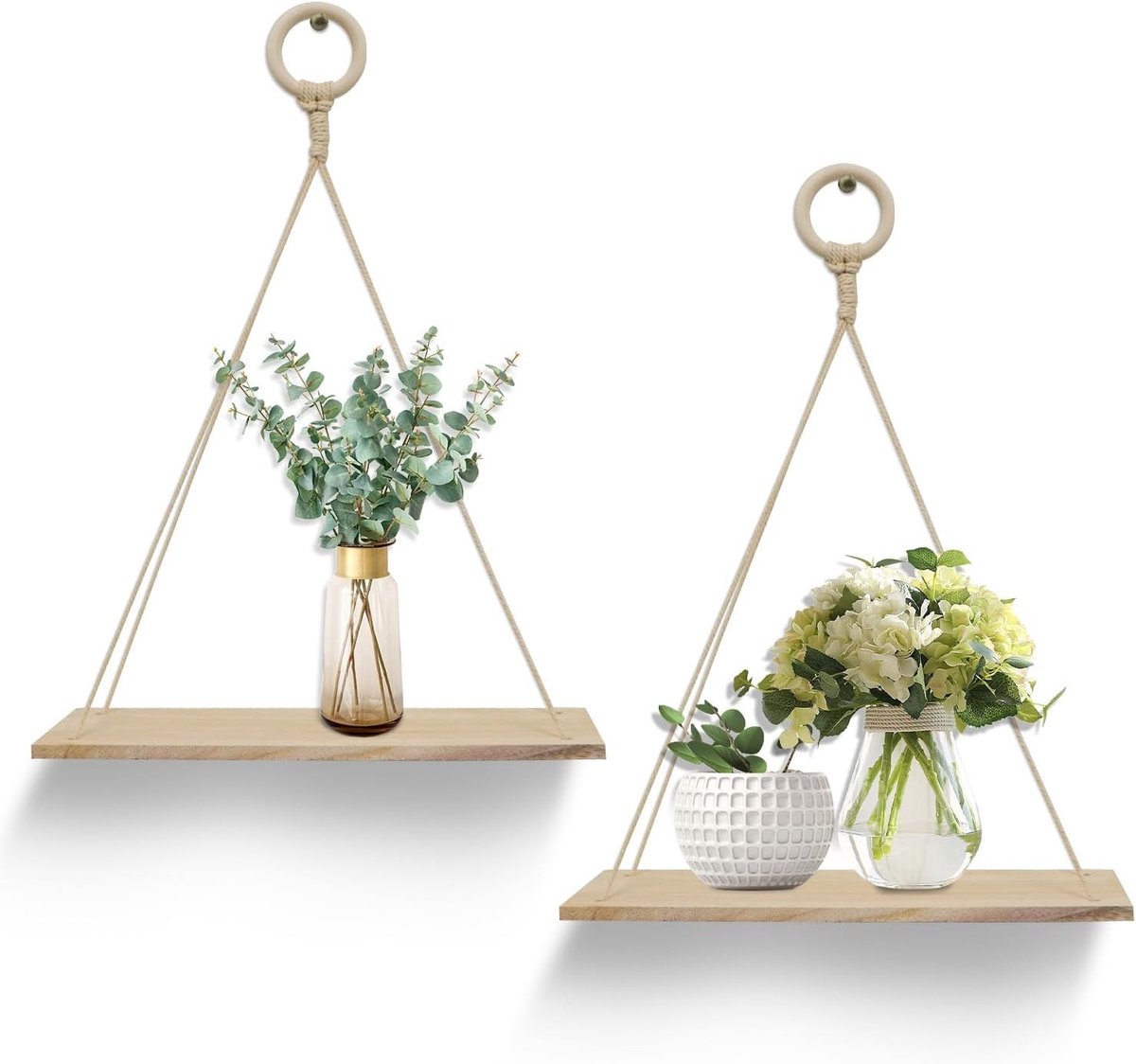 2 Stuks Touw Hangende Drijvende Planken voor aan de Muur - Moderne Wandplanken van Hout met Touw voor Woonkamer, Badkamer en Slaapkamer - Decoratieve Opbergoplossingen voor Kleine Ruimtes