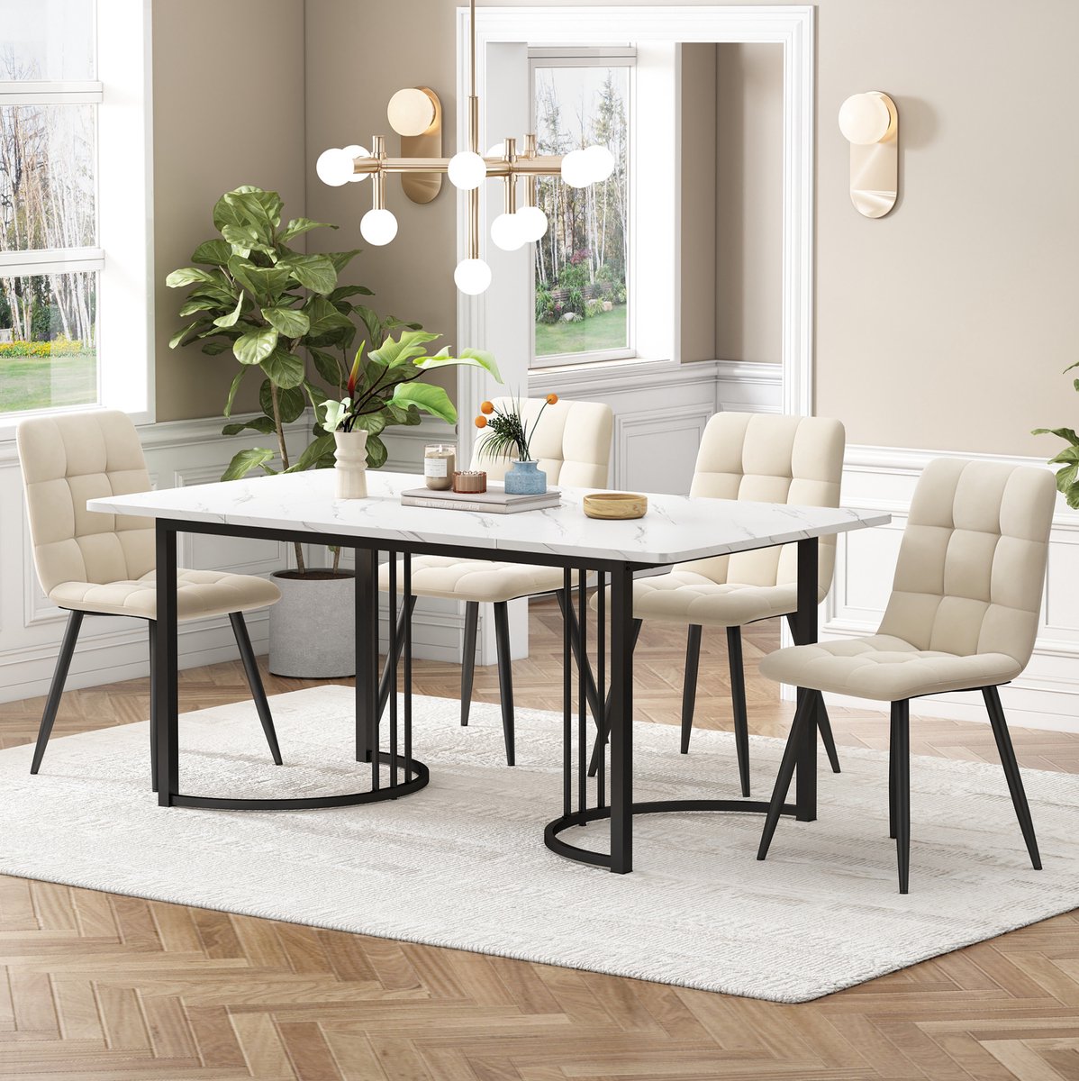 MEUNIQ Eettafel met 4 stoelen 5-delige set 140 x 80 cm, wit tafelblad met marmerlook, zwart metalen onderstel, beige fluwelen eetkamerstoelen