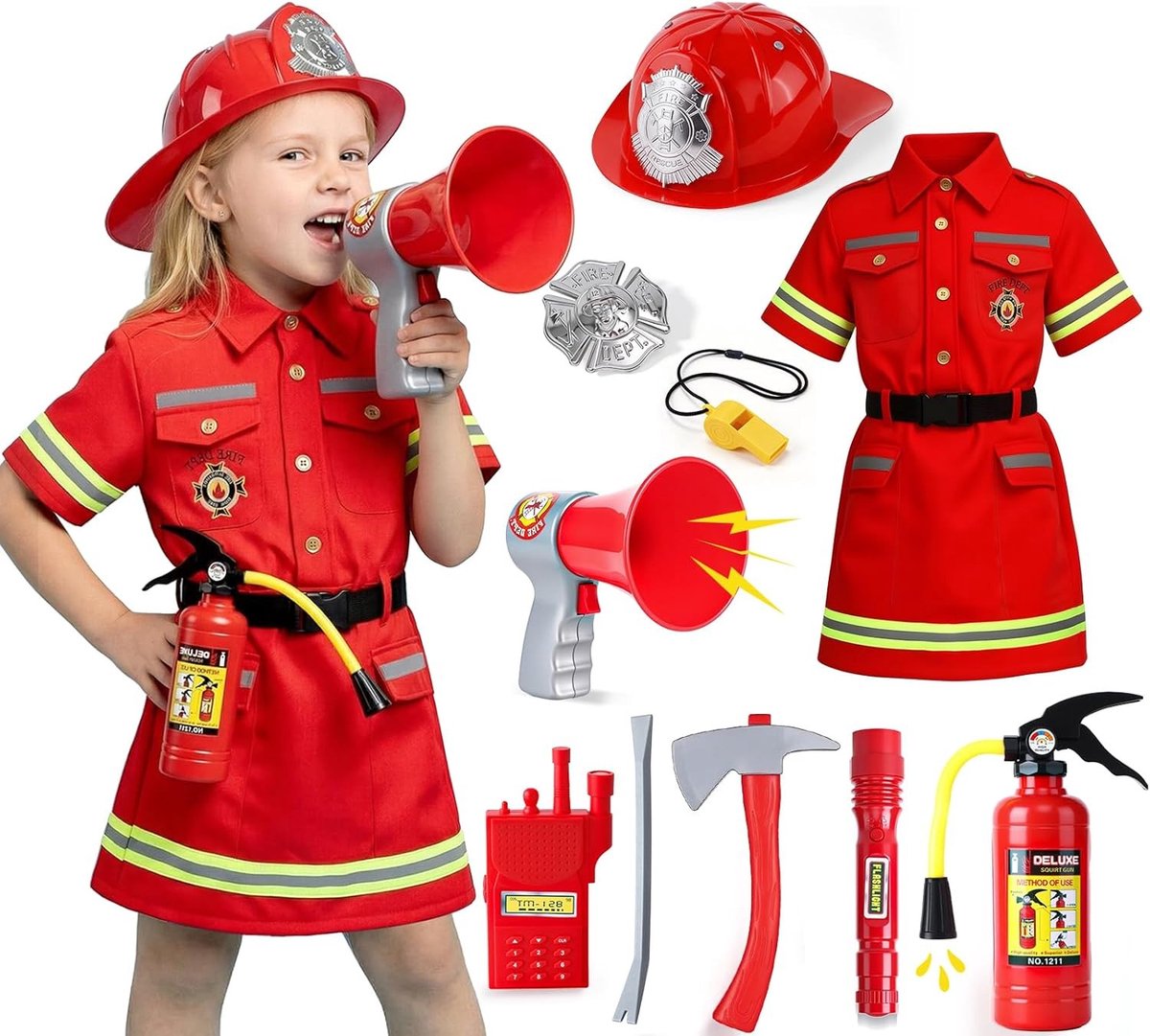 Kinderen brandweer kostuum met jurk, zaklamp, walkie-talkie, helm en brandblusser - ideaal voor carnaval, Halloween en verkleedfeestjes.
