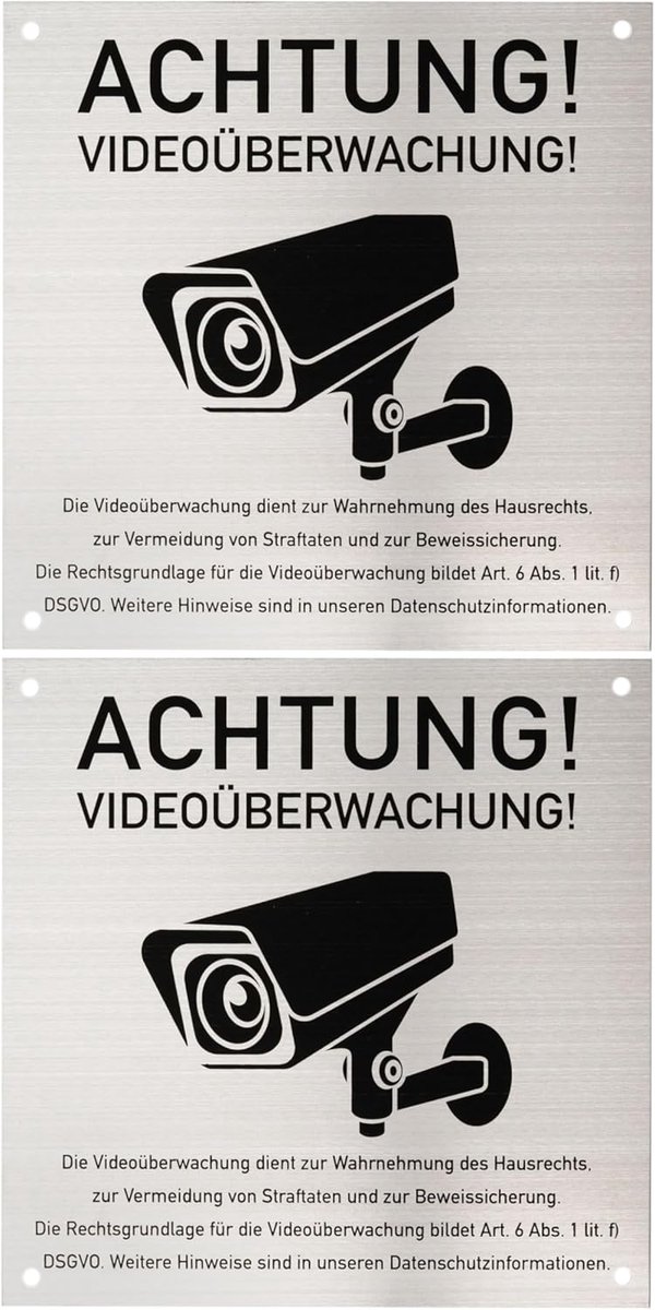 Aanwijzingsbord "Let op! Videobewaking!", 2 stuks, 15 x 15 cm, geborsteld aluminium bord met boorgaten - ShopVlot