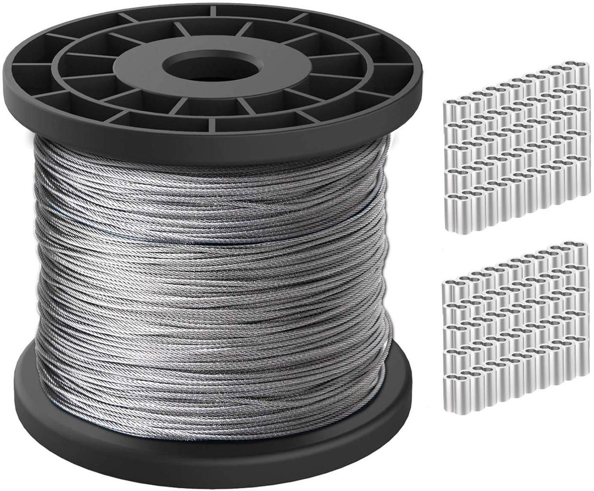 SnelShoppen - 100m RVS Staalkabel 1/16" (1,5 mm) met 100 Aluminium Crimp Klemmen - Corrosiebestendig, Waterdicht, Sterke Draagkracht 167 kg - Perfect